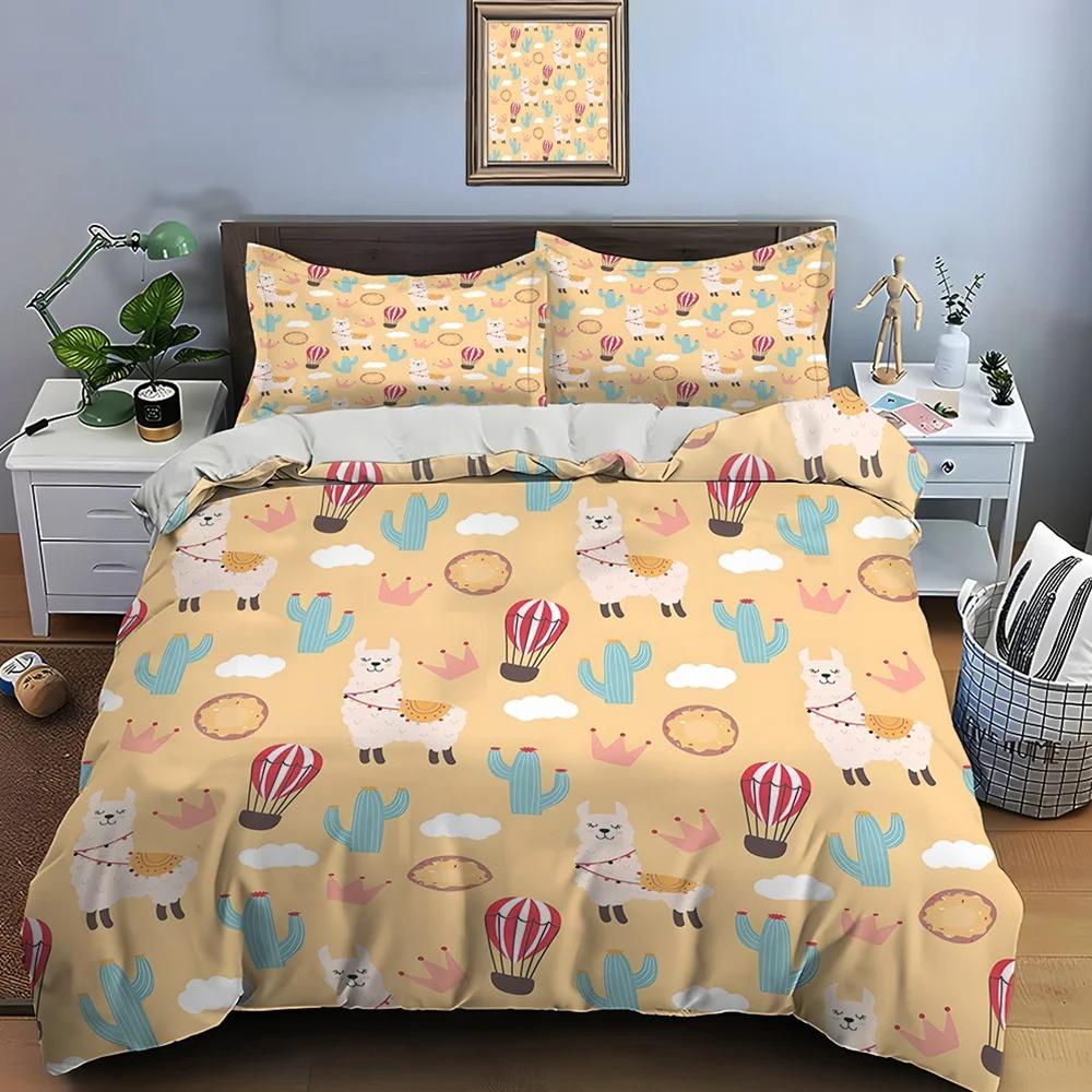 Cute Cartoon Llama Alpaca Print Bedding Set 1 Duvet Cover 1/2 Pillowcases Adult and Children Bedding Set Luxury Gifts