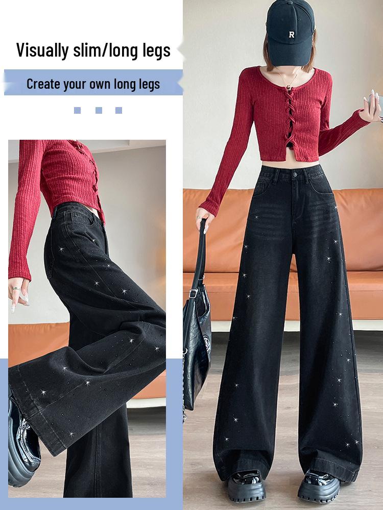 2025 Autumn Rhinestone High-Waisted Wide-Leg Jeans: Slimming Floor-Length Fit