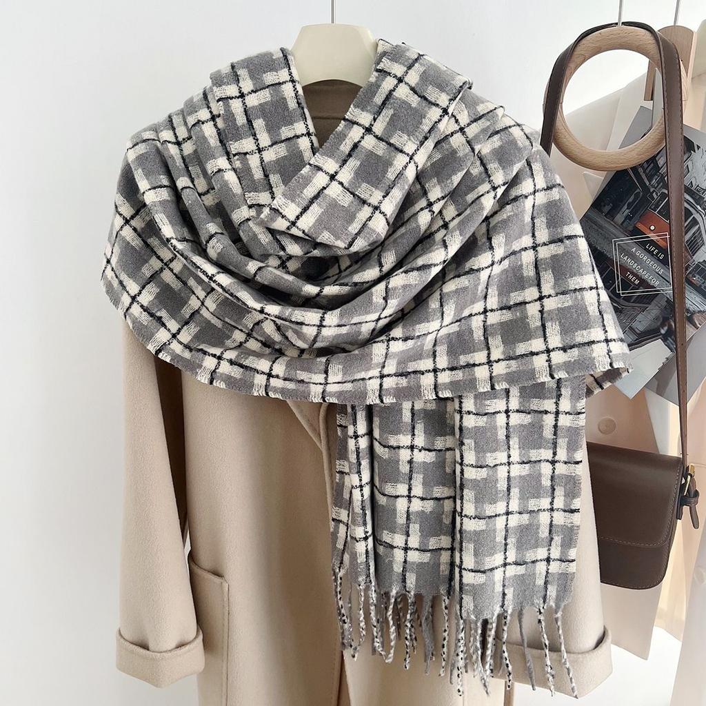 Korean Style Versatile Winter Imitation Cashmere Windmill Plaid Scarf for Men and Women To Keep Warm and Fashionable Tassel Shawl Dual Purpose Scarf