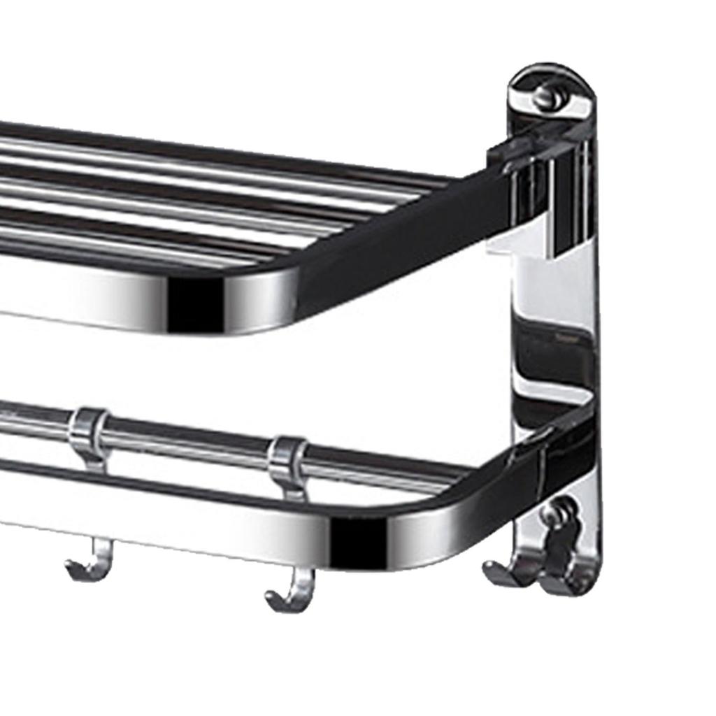 Double Towel Rack Foldable Adhesive 304 Stainless Steel Wall Towel Shelf with Hooks for Bathroom