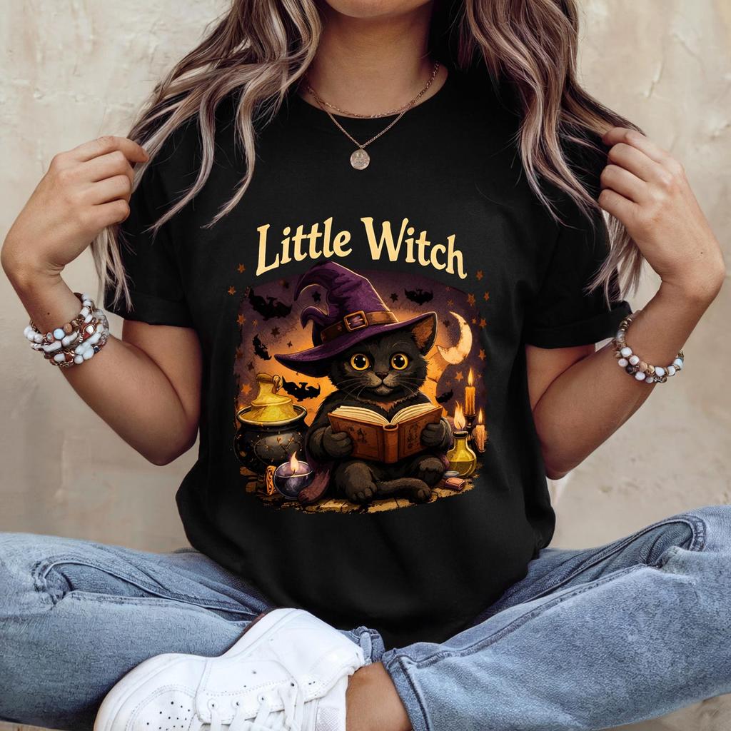 Little Witch Cat T-Shirt: Adorable Black Cat with Spellbook & Magic Potions Design - Perfect Aesthetic Graphic Tee- Fantasy Lovers