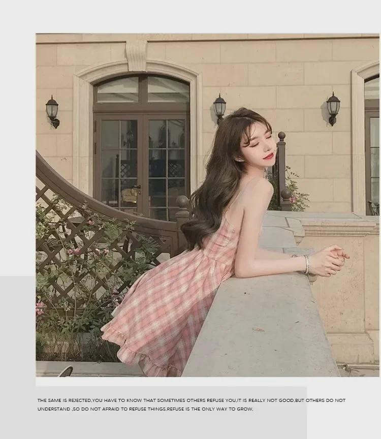 Neues rosa kariertes Sommer-Hosenträgerkleid für Damen – frischer Studentenstil, koreanische Version