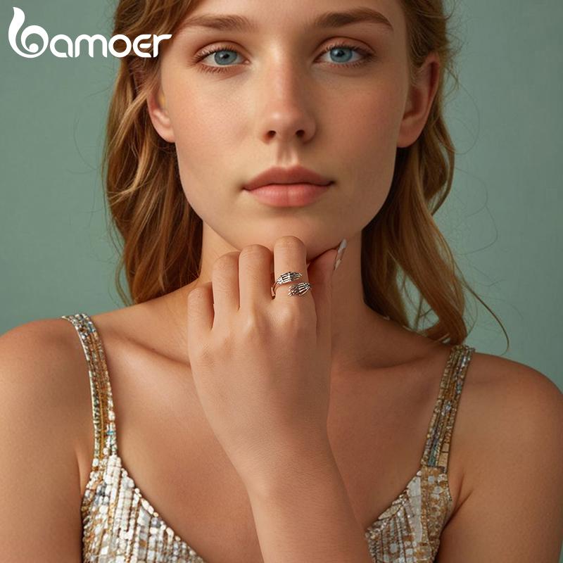 Bamoer 925 Sterling Silver Hug Hand Opening Ring For Women Jewelry Skull Open Ring Vintage Oxidized Silver Simplicity Ring Gift