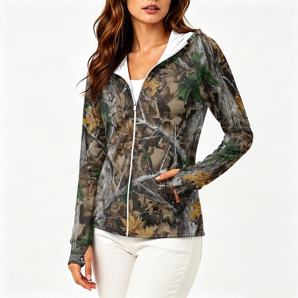 Women Lightweight Hooded Zip Up Jacket with Pockets Long Sleeve Printed Sun Protection Outerwear for Outdoor Activities