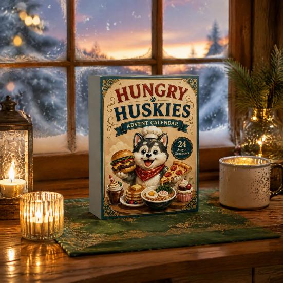 Cute Puppy Desk Decor Husky Advent Calendar with 24 Foodie Acrylic Ornaments, 2D Flat Christmas Hanging Decorations Tree Decoration, Dog Themed
