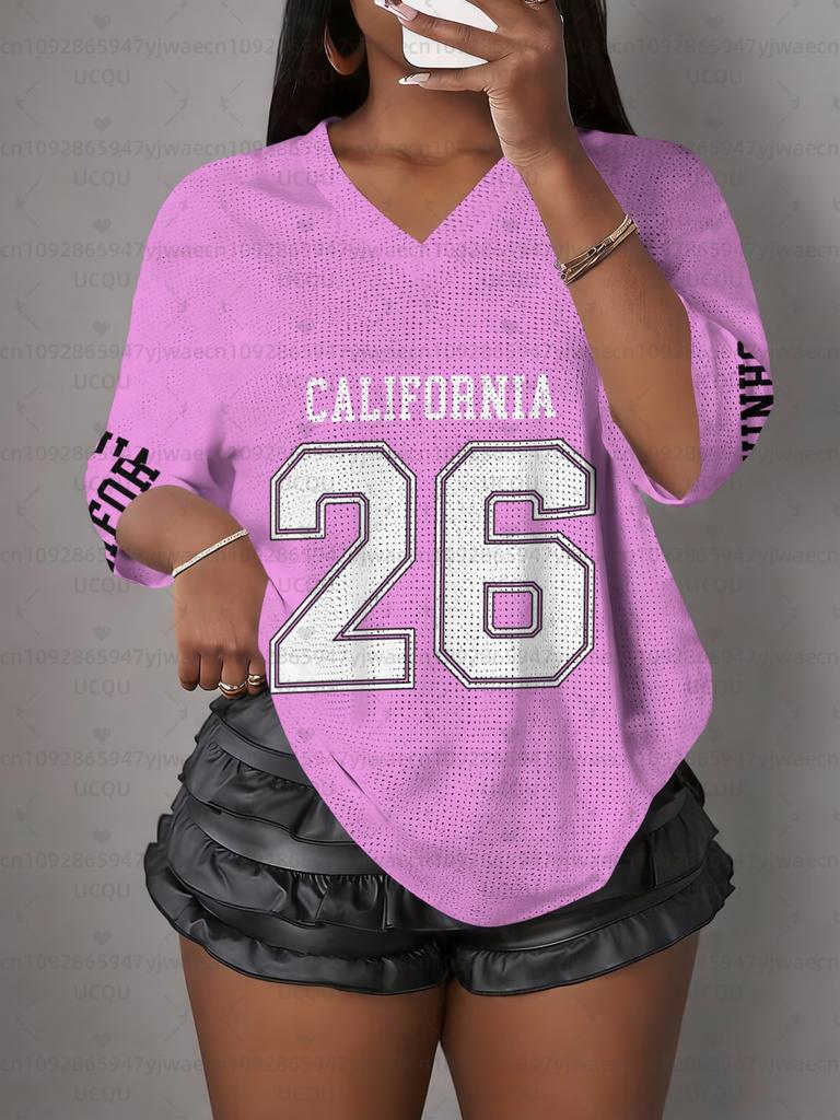 Women's California NO.26 Print V-Neck Short Sleeve T-Shirt Summer Graphic Tee Hole Mesh Jerseys Plus Size Sport T-Shirt