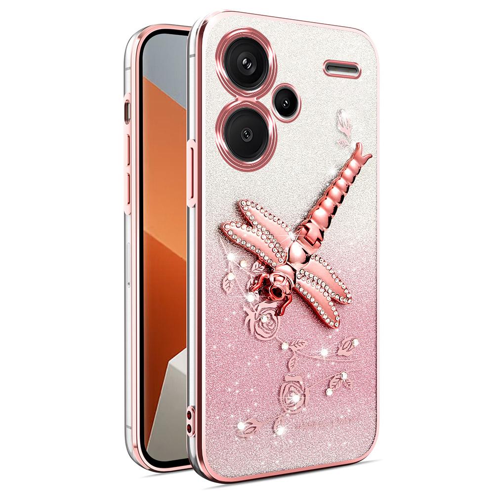 

Чехол KADEM для Xiaomi Redmi Note 13 Pro+ 5G с подставкой в виде стрекозы и цветами из ТПУ с блестками Pink