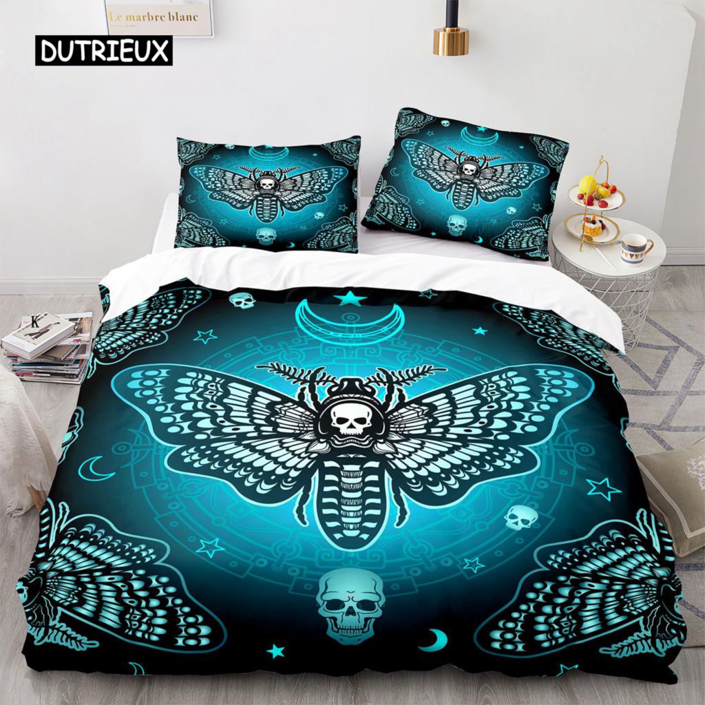 Death Moth Duvet Cover Set Queen Size Gothic Skull Boho Comforter Cover Black and White Skeleton Decorative Soft Bedding Set