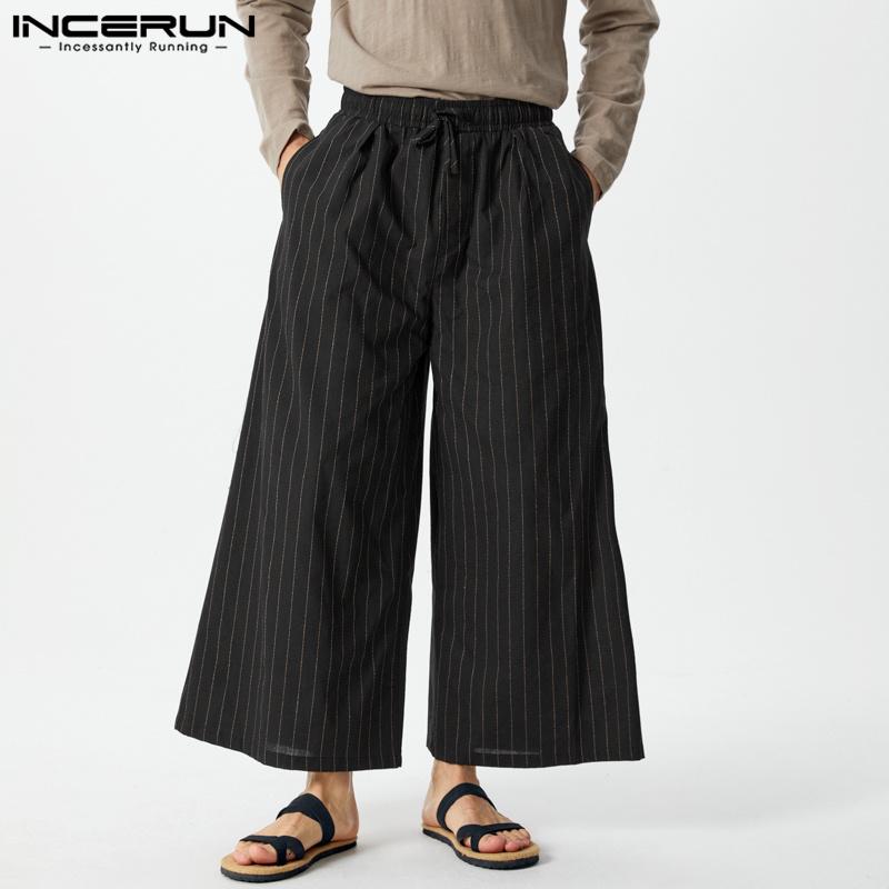 

INCERUN мужские повседневные свободные широкие брюки с эластичным поясом в полоску S чёрный