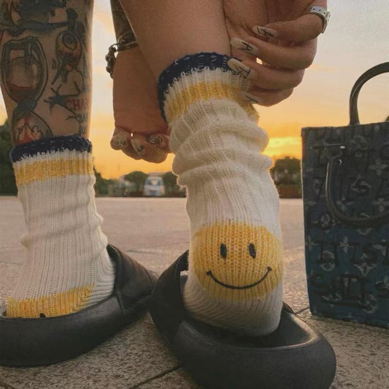 Hirata And Hiroshi Wool Thick Needle Smiley Face Heel Thick Workwear Color-Blocking Striped Mid-Leg Socks Trendy Socks