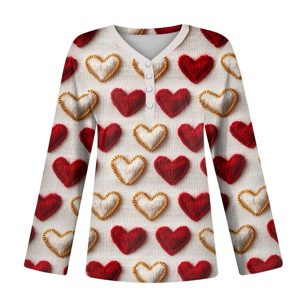 Women's Valentine's Day Love Heart Print Fashion Casual Long Sleeve V-Neck Button Neck Top