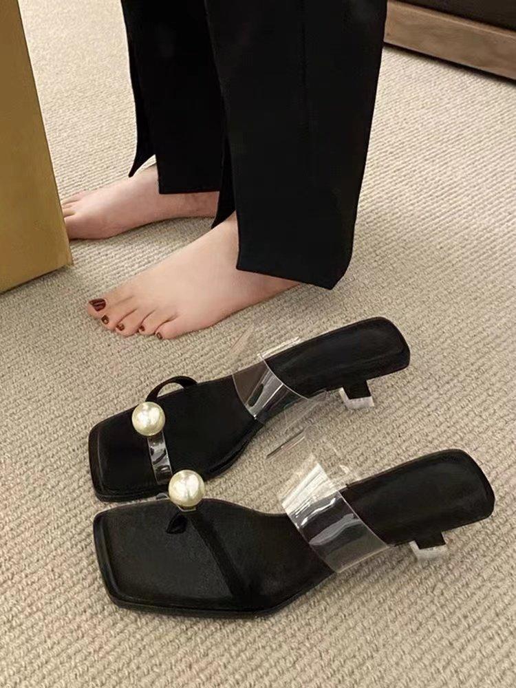 

2025 summer and spring new fairy style pearl toe cool slippers ins trendy outer wear high heel one-word drag temperament women s shoes 40 чорний