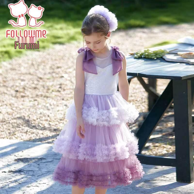 FULUOMI Girls Sweet Princess Sleeveless Mesh Dress 130 фиолетовый