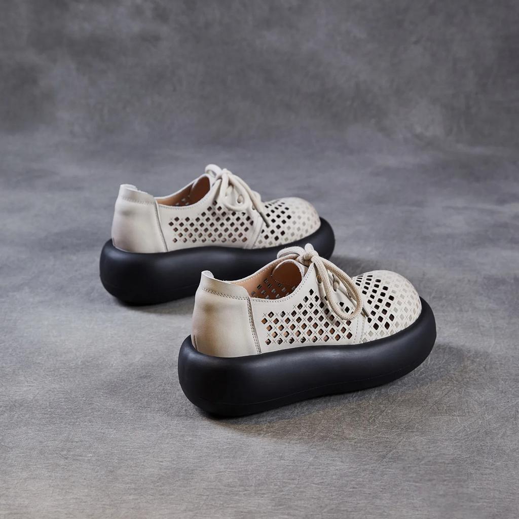 Johnature Hollow Out Thick Soled Shoes Genuine Leather Breathable Lace-up Women's Platform Sandals
