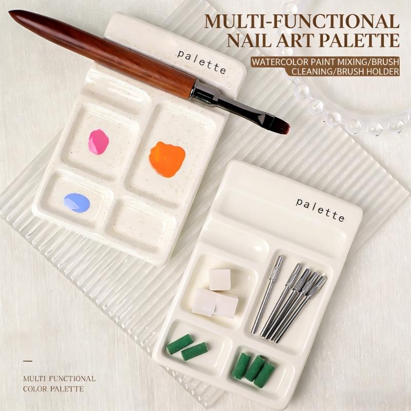 Mehrzweck-Künstlerpalette mit Pinselhaltern 4 Näpfe Keramikpalette für Künstler Student Wasserfarbe Öl Acrylmalerei