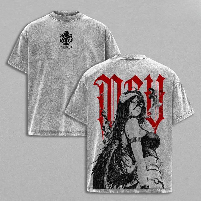 Anime Overlord Albedo Printed Tee Men Women Short Sleeve Cotton Tshirts Vintage Washed T-shirt Harajuku Male Oversized T Shirt
