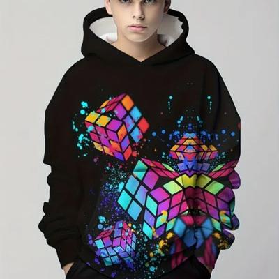 Sweat à capuche à manches longues pour garçons, imprimé 3D coloré, cube de puzzle Rubik, sweat-shirt décontracté pour garçons, printemps-automne, sweat-shirt à capuche pour enfants