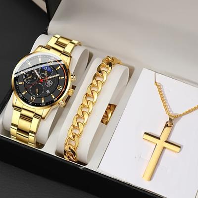 3pcs/set, 1pc Fashion Men's Casual Watch, Men's Sports Stainless Steel Quartz Wrist Watch & 1pc Bracelet & 1pc Necklace