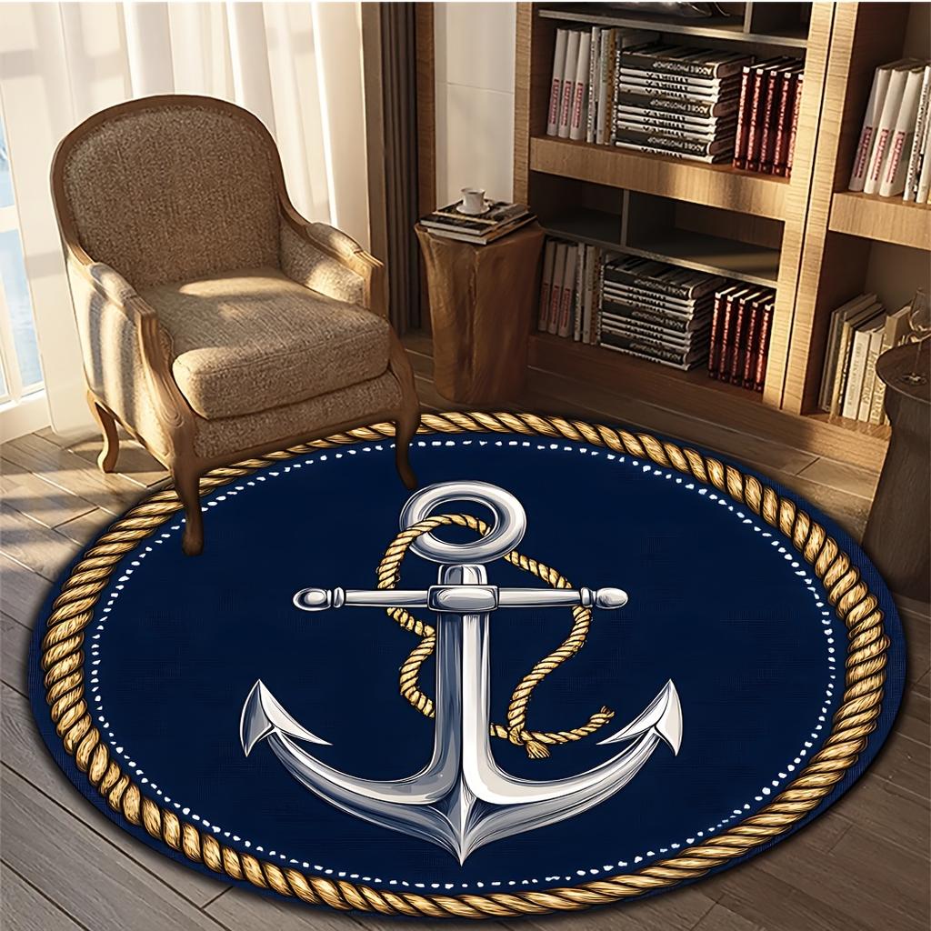 Navy Blue Anchor  Rope Pattern Round Mat, Soft Washable Non-Slip Rug for Living Room, Bedroom, Kitchen, Balcony  Outdoor Decor
