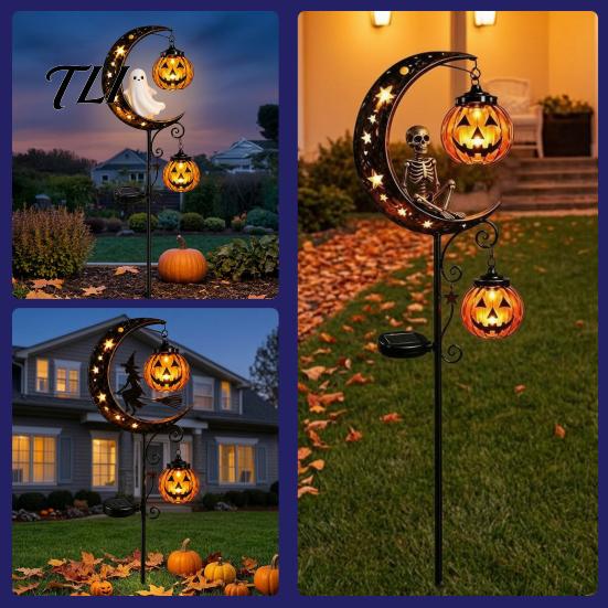 Glowing Pumpkin Landscape Lights Solar Halloween White Ghost Moon Garden Stake Light, Waterproof LED Automatic Powered Lamps Yard Decoration,