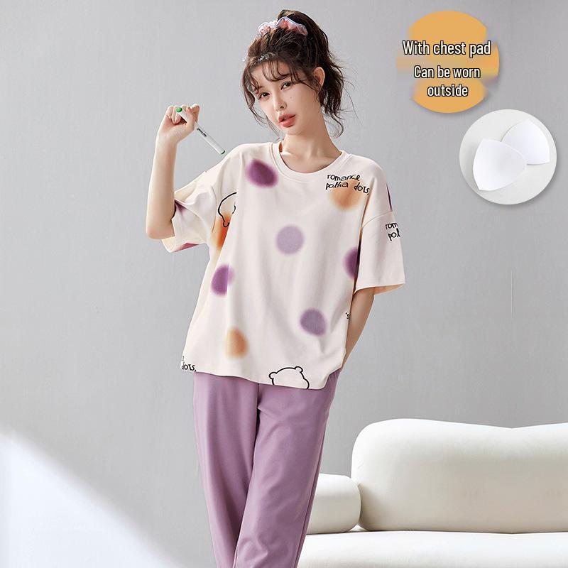 Damski kreskówkowy komplet piżamy z krótkim rękawem i wkładkami na biust - Letni bawełniany długi komplet domowy 2025