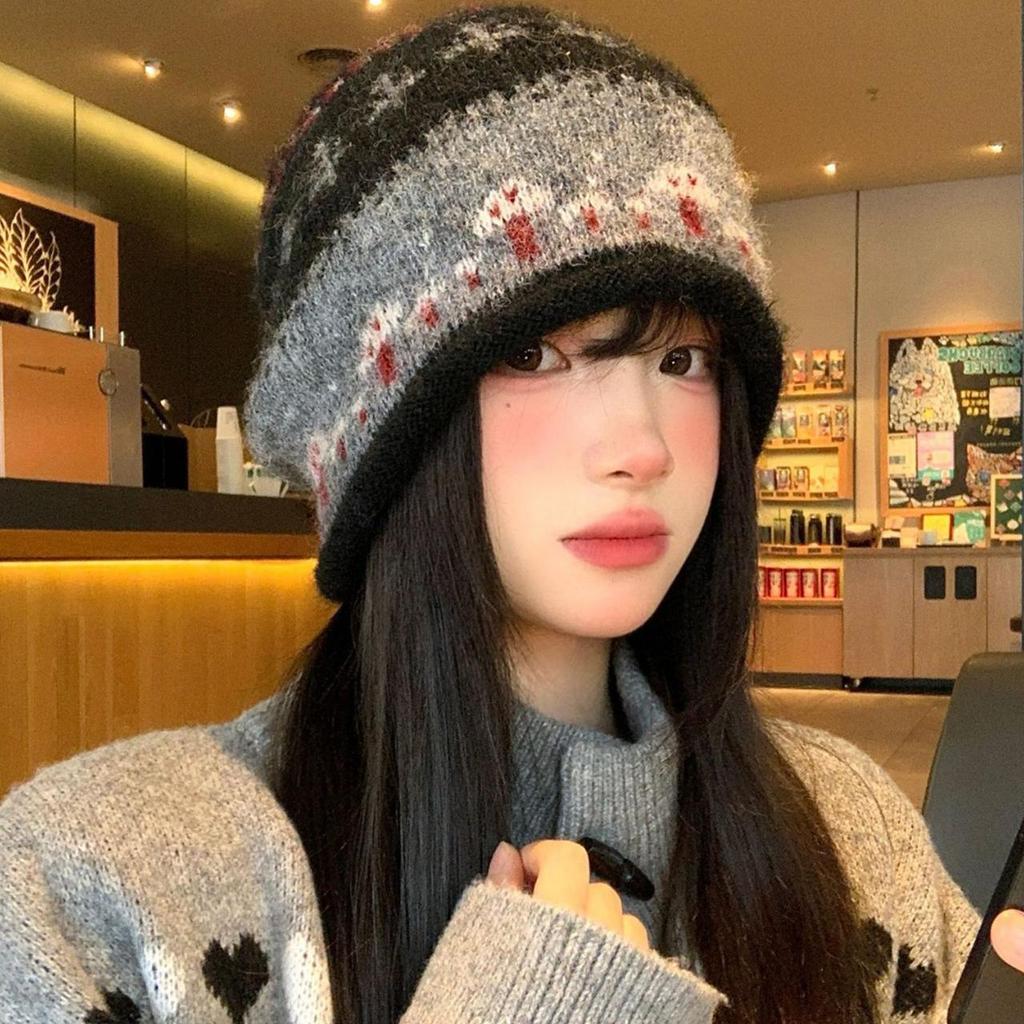 Jacquard Vintage Kniiting Wool Beanies For Women Autumn Winter Ear Protection Warm Cap Fashion Ethnic Anticold Pullover Hats