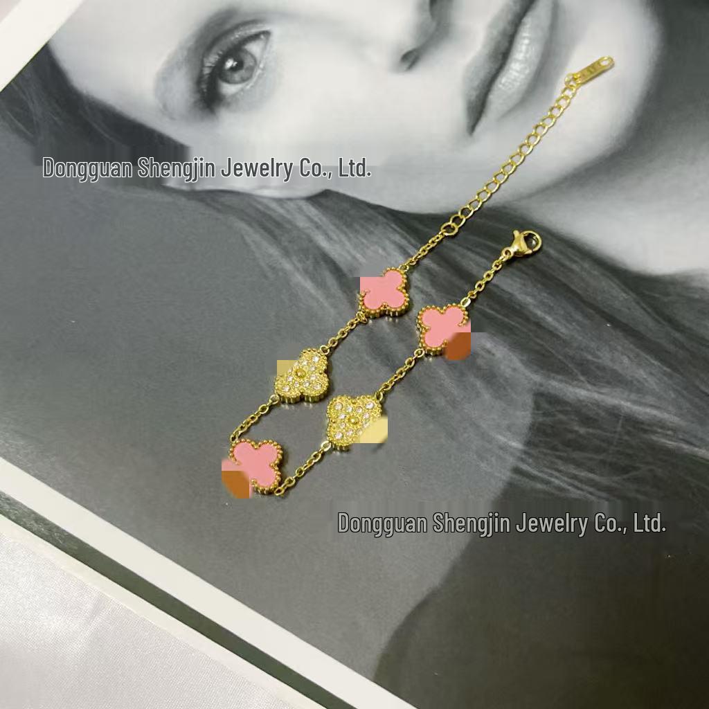18k Gold 13mm Clover & Diamond Five-Flower Bracelet - Women's Simple, Versatile, Non-Fading Fashion Accessory