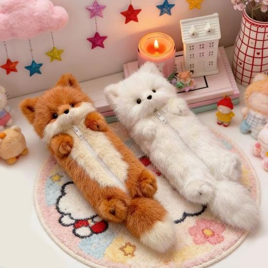 Plush Fox Pencil Case Portable Office Supplies School Students Stationery Bag Multifunctional Storage Organizer Zipper Pouch