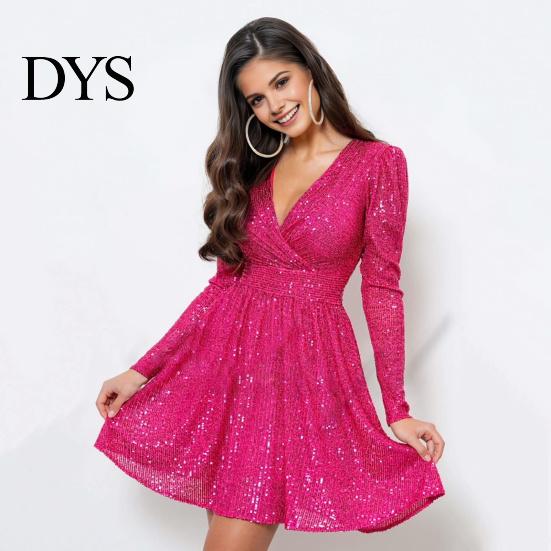Elegant Evening Dress Women's Sparkling Sequin Mini Long Sleeve V-Neck Party Women Short Slim Fit Lady Cocktail for Parties Weddings Clubs Proms Sexy