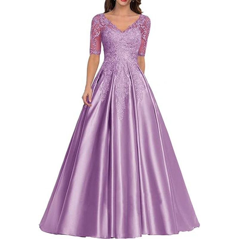 New evening dress lace V-neck short-sleeved long dress temperament party host new dress