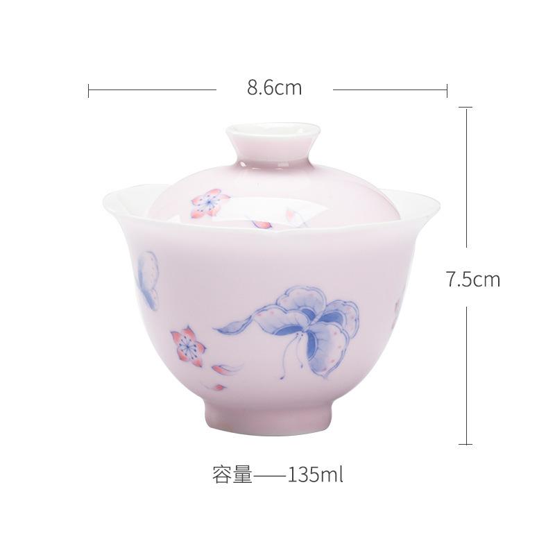 

135ml Apricot Powder Hand Drawn Butterfly Gaiwan Vintage Tea Tureen Tea Bowl With Lid Kit Tea Brewing Cover Bowl Tea Services