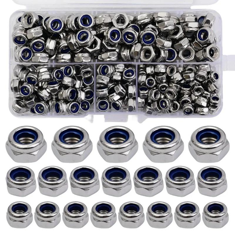 150Pcs Stainless Steel Nylon Anti-Slip Self-Locking Nuts with Storage Box M4 M5 M6 Maintenance Installation Hex Screw Caps