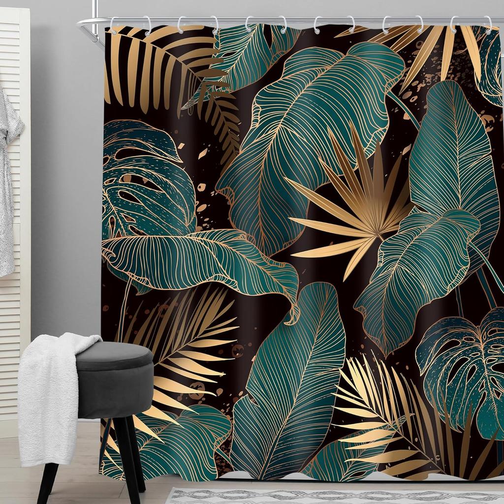 Emerald Green Boho Shower Curtain Black Gold Modern Abstract Palm Leaves Tropical Monstera Bathroom Curtain Set Brown Botanical