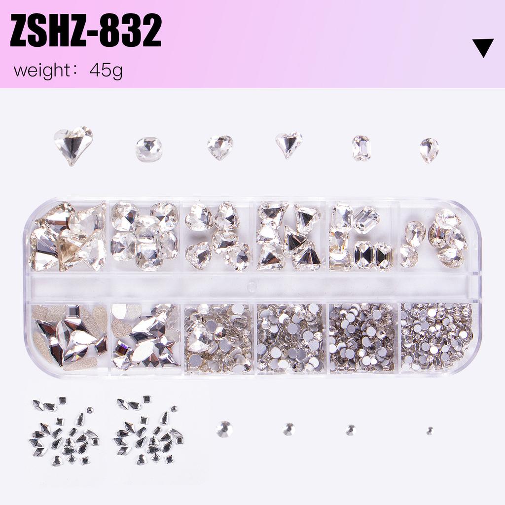 Nailart-Schmuck 12-Gitter-Box Nagelkunst Diamant Gemischtes Set Flacher Boden Speziell geformter Diamant Punktboden Diamant Kombinationsset