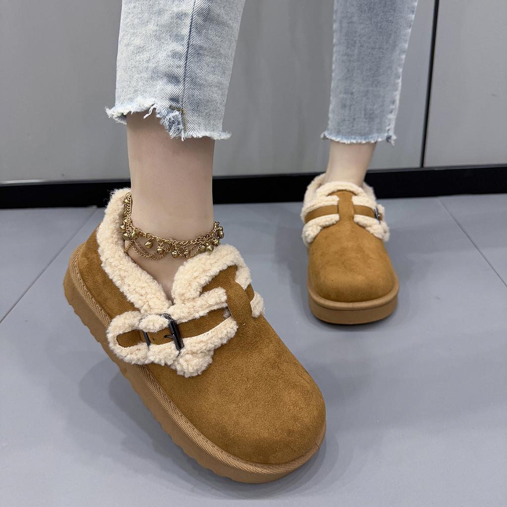 Fashion Women Boots 2025 New Fashion Faux Fur Shoes Women Thick Bottom Non Slip Ankle Boots Warm Metal Belt Buckle Snow Boots Women