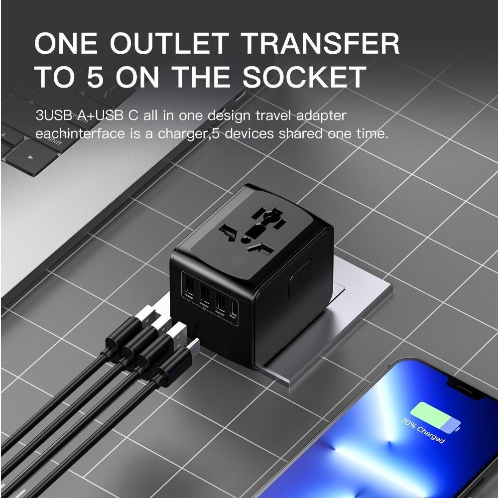 Hochgeschwindigkeits-Reiseadapter für internationale Reisen, 4 USB-Anschlüsse, GaN-Reiseadapter, UK/AU/EU/US