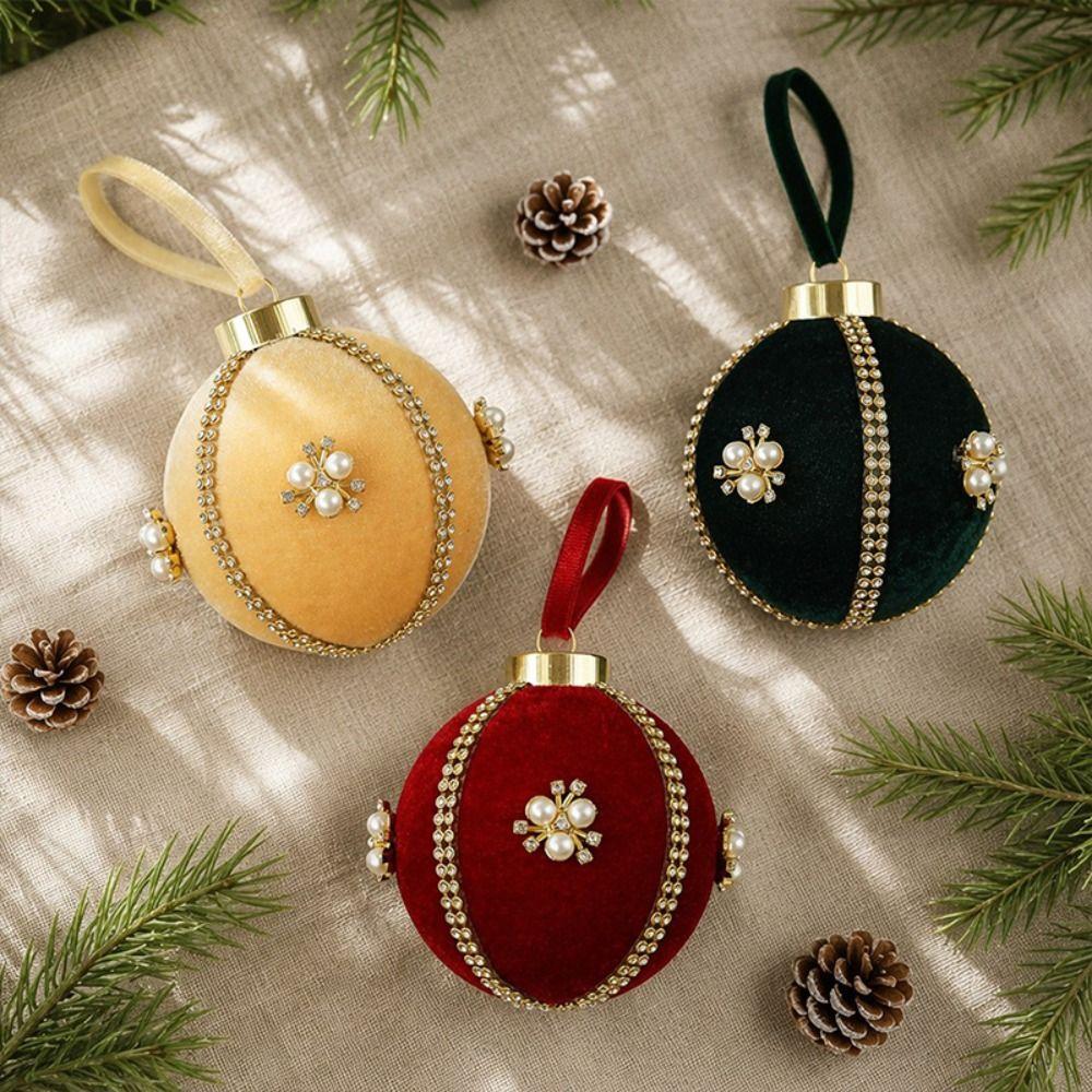 Velvet Finish Christmas Ball Ornament Rhinestone Trim Hanging Ball Ornament  Festive Decorations