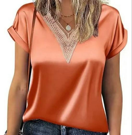 2026 Elegant Lace V-neck Solid Color Short Sleeve Women's T-shirt