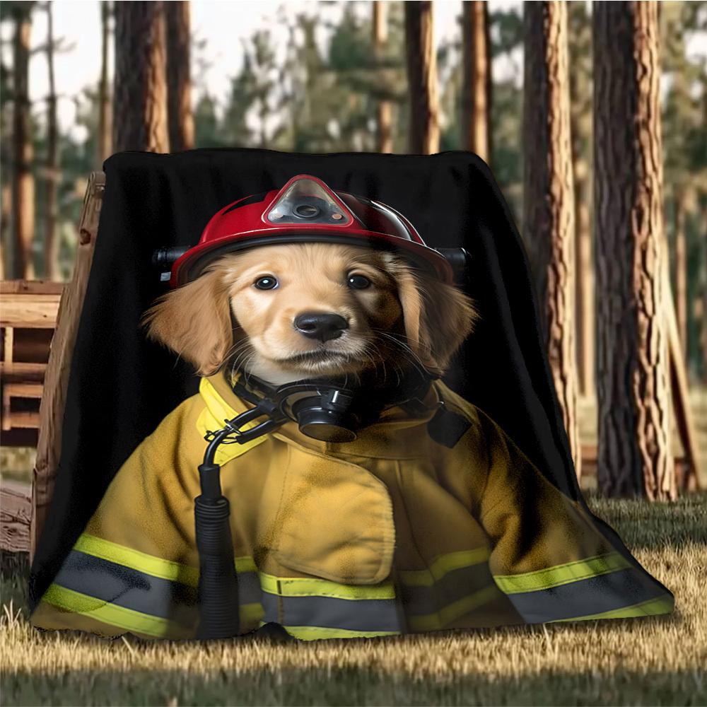 1pc Firefighter Dog Print Outdoor Soft Polyester Flannel Throw Blanket Versatile for All Seasons , Soft , Cozy , Warm All Season Quilted Throw ,
