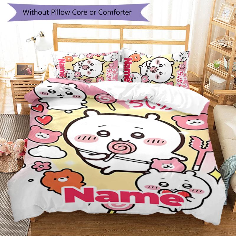 3pcs Custom Name Chiikawa Bedding Set Duvet Cover Closure Includes 1 Duvet Cover & 2 Pillowcases for All Seasons Bedroom Decor