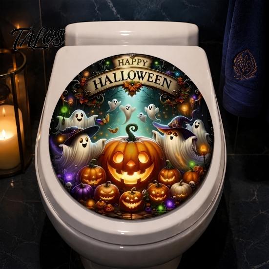 Peel And Stick Toilet Decorations Happy Halloween Sticker, Pumpkin Ghost Lid Decorative Stickers for Home Waterproof Decal Bathroom Party Decoration