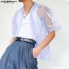 INCERUN Men Summer Short Sleeve Mesh Sheer Glitter Print Beach Through T-shirts