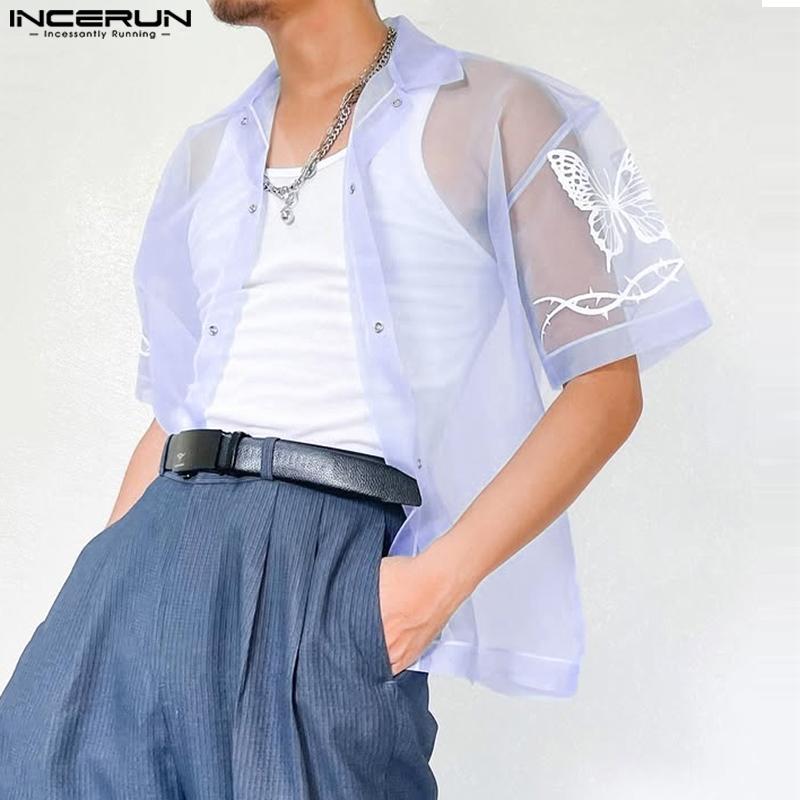 INCERUN Men Summer Short Sleeve Mesh Sheer Glitter Print Beach Through T-shirts