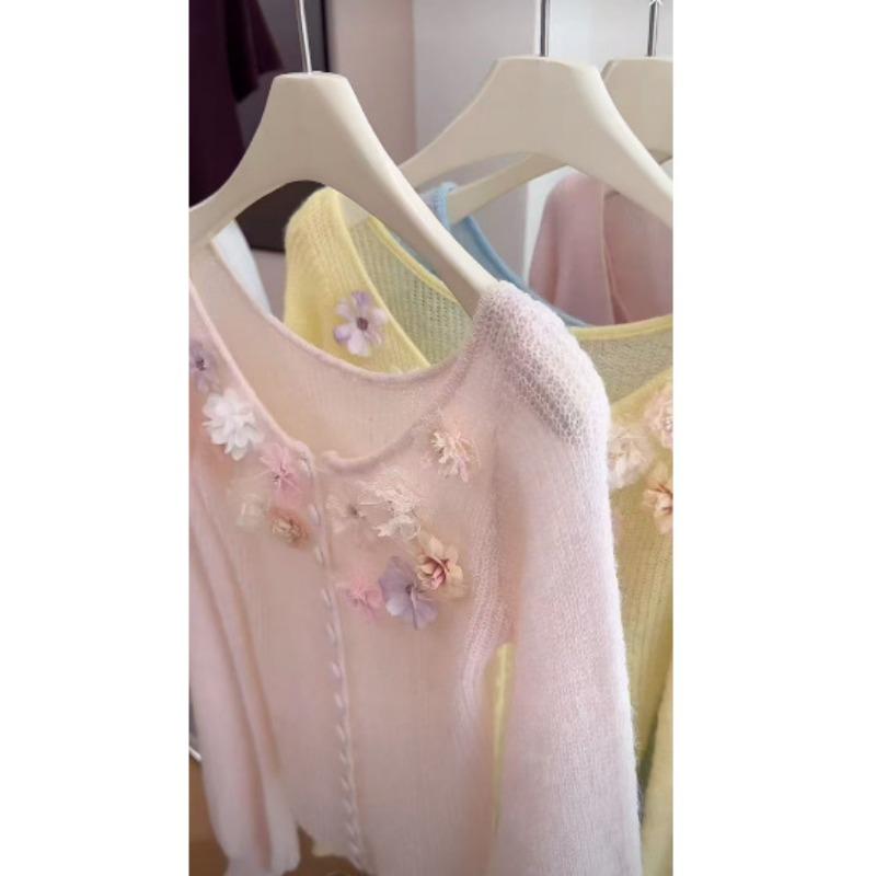 Mohair three-dimensional flower design thin knitted cardigan spring new gentle wind sweater jacket women
