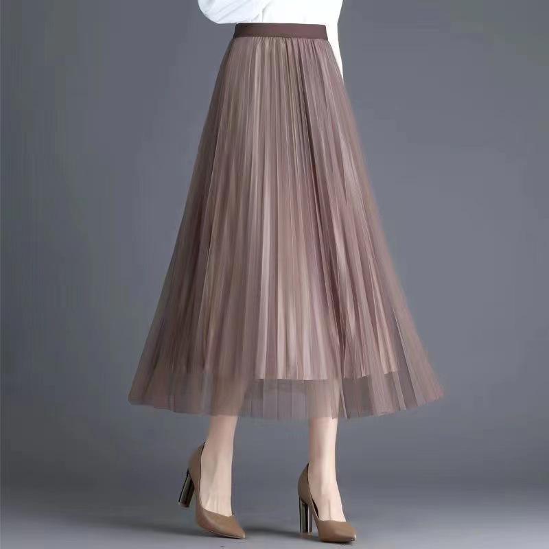 Mesh Pleated Women's Midi Skirt, High-Waisted A-Line for Spring/Summer
