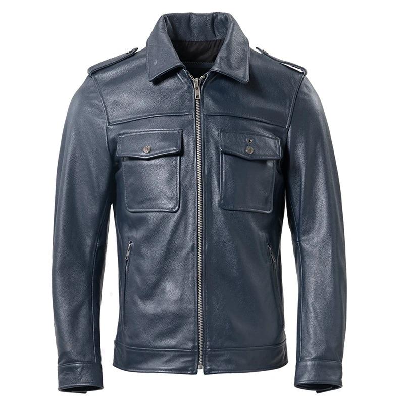 Chinese Size Genuine Leather Jacket Men Blue Black Natural Cowhide Slim Fit Men's Coat Casual Style Clothes Spring Autumn Asian Size M617