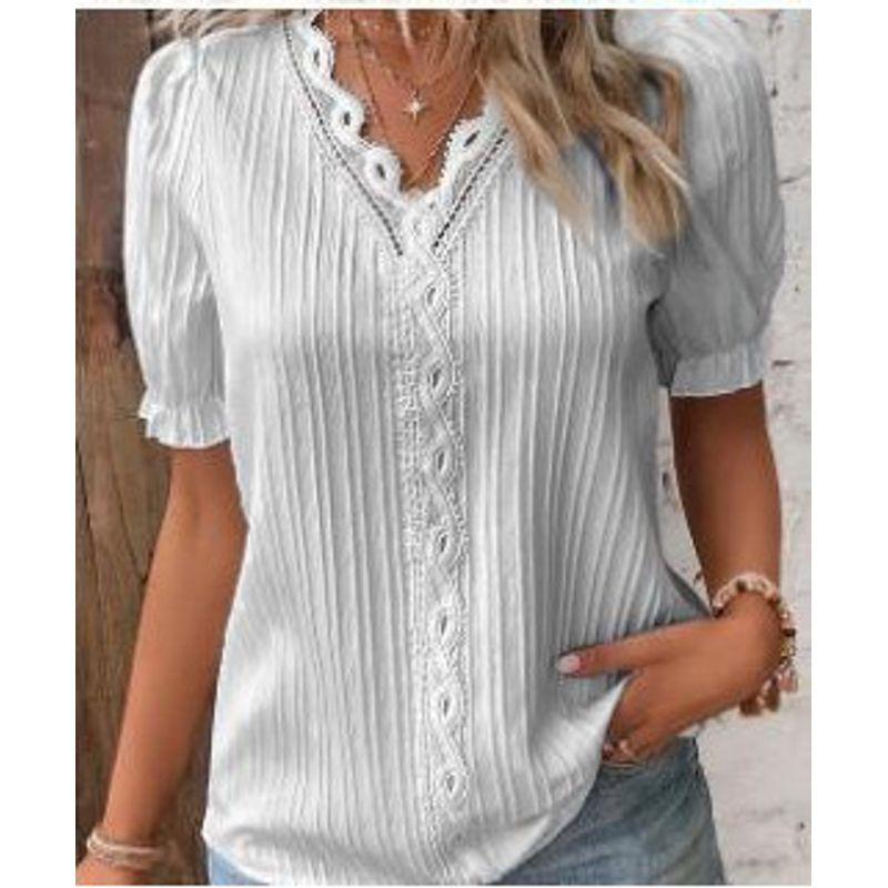 Summer New Vacation Fashion Hollow out Short sleeve European and American Women clothes V-neck Shirt Women's V-neck Shirt