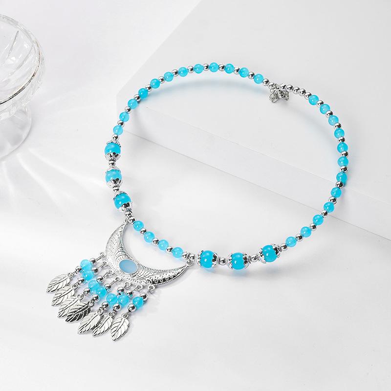Ethnic Style Collar Necklace Ethnic Style Headdress Hair Accessories Crescent Leaf Tassel Seedling Silver Necklace Bridal Accessories