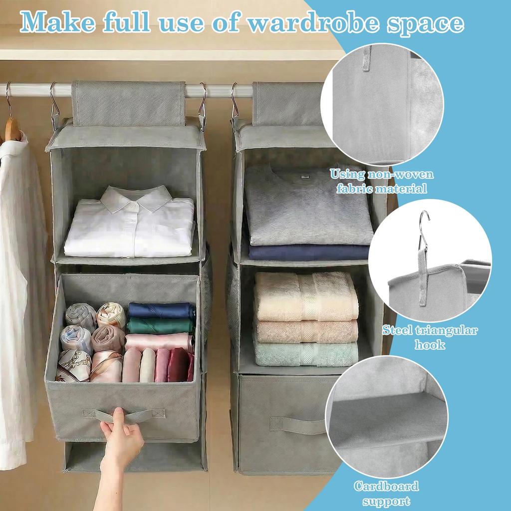 2Pcs 3 Tier Hanging Closet Organizer Foldable Wardrobe Tiered Shelves with Drawer Mesh Pocket Miscellaneous Luggage Storage Bag