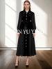 Elegant Belted Long-Sleeve French Dress with Button and Rhinestone Detailing